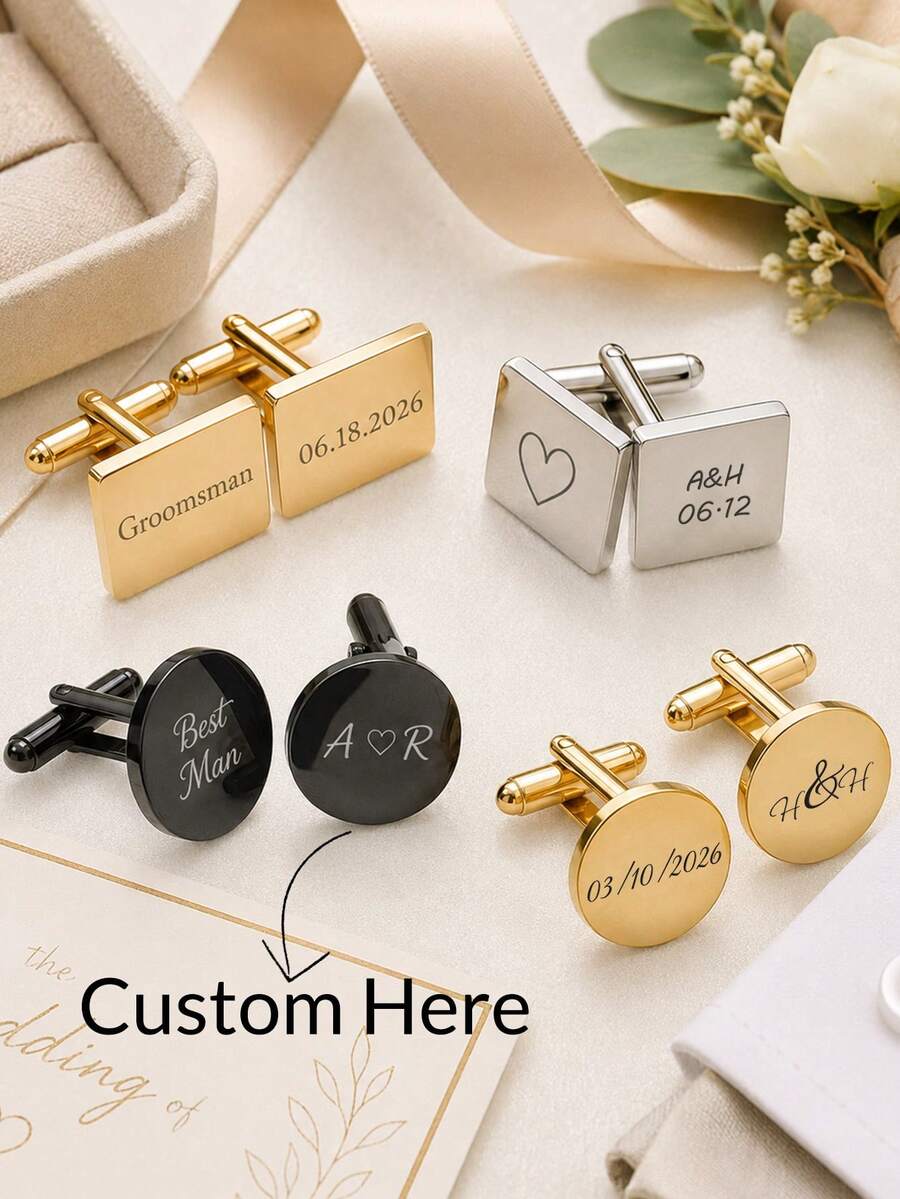 2PCS Personalized Customized Multi-Color Premium Metal Shirt Cufflinks, French Business Suit Cufflinks For Men, Gold Black Square Round, Groom Groomsmen Bride Father Outfit Accessories - Multicolor - View 1