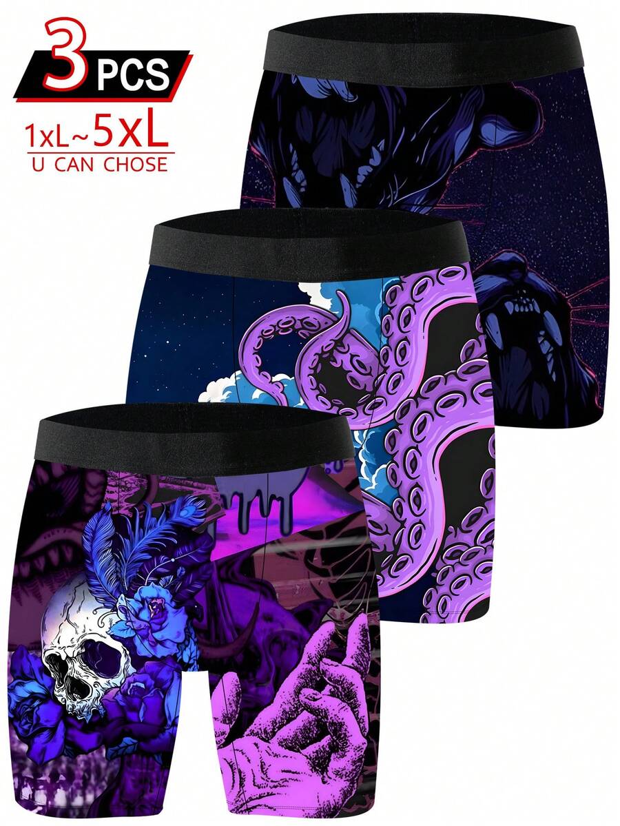 3 Packs Men's Fun Shorts, Dark Fantasy Monster Print Underwear, Loose Casual Men's Plus-Size Boxer Briefs - Multicolor - View 1