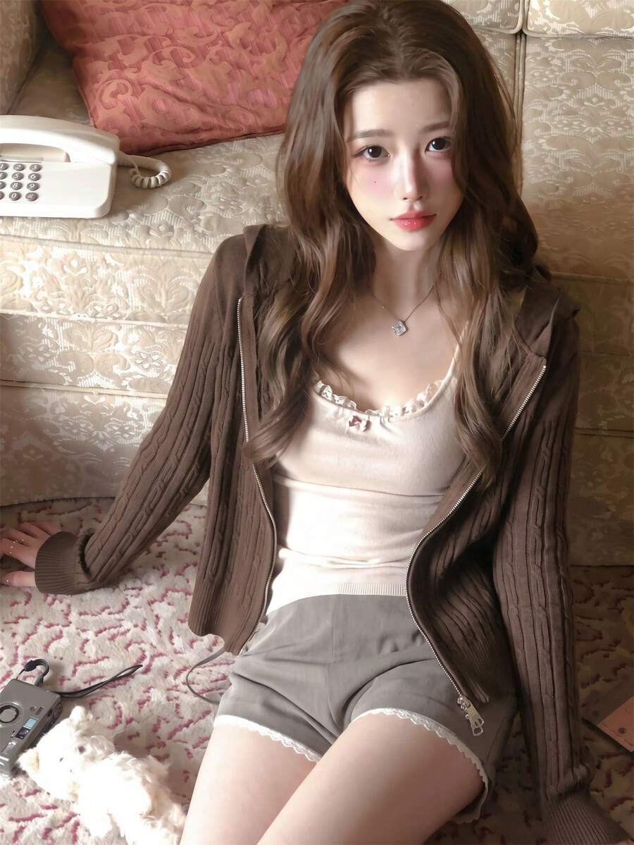 Korean Style Casual Hooded Zip-Up Knit Sweater, Slim Fit Flattering Textured Long Sleeve Top, Versatile Outerwear, Can Be Worn Alone Fall - Brown - View 1