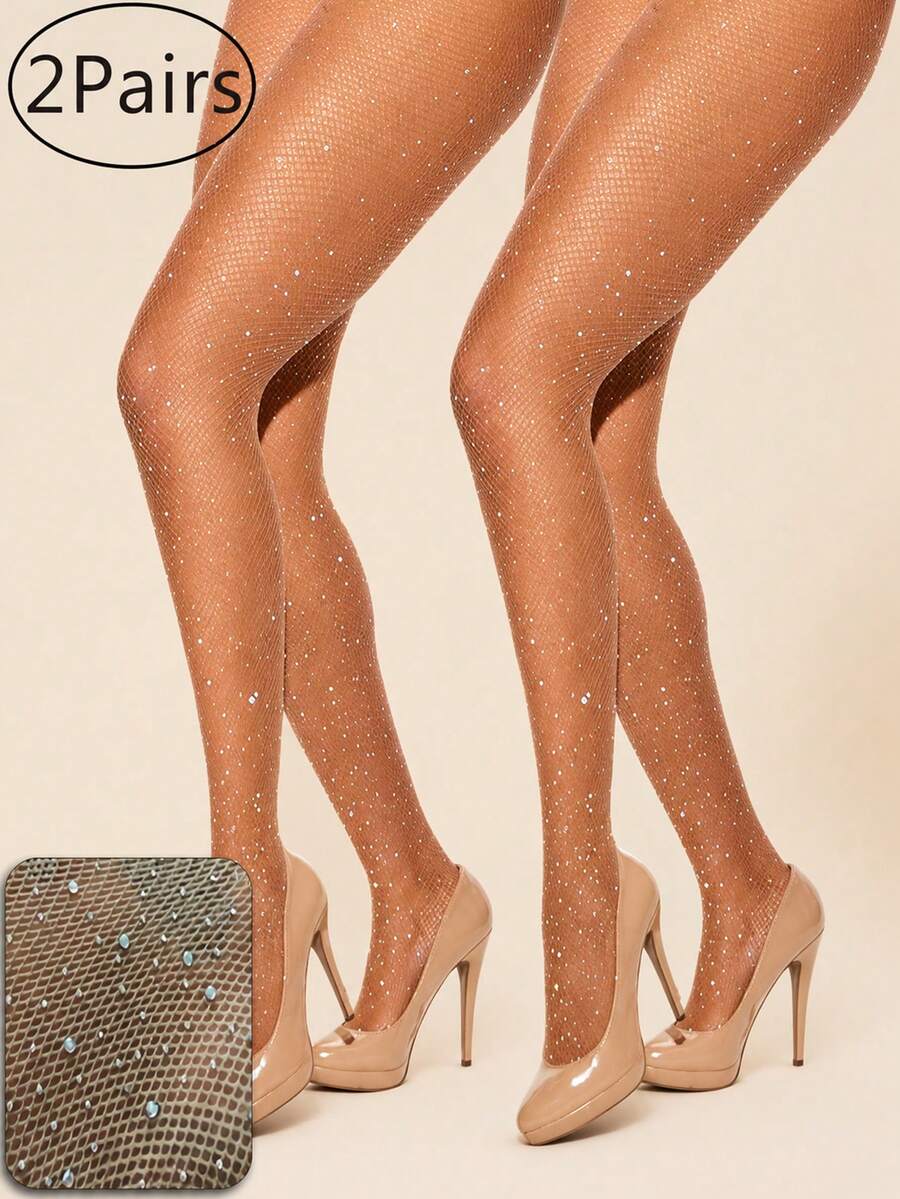 2 Pairs Plus Size Women's Popular Rhinestone Apricot Mesh Fishnet Tights, High Elasticity Small Mesh Leggings, Glitter Nightclub Party Gothic Style Fashion Versatile - Apricot - View 1