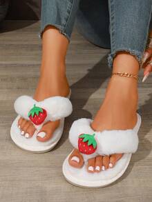 Cute Strawberry Fluffy Women's Flip Flops, Comfortable Plush Faux Fur Open Toe Slippers Sandals, Non-Slip Flat Bottom Indoor Bedroom Slippers - White - View 5