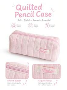Rectangular Zipper Pencil Case, Vertical Quilted Design, Soft Lining With Padding, Fresh And Soft Ulzzang Girl Style, Suitable For New Semester, Can Neatly Store Pens, Rulers, Erasers And Notebooks In One Place - A - View 4