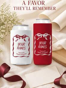 1pc Personalized Can Cooler Sleeves, Custom Wedding Can Coolers With Names Date And Location, Bow Design Neoprene Drink Holders, Standard Or Slim Wedding Favors For Guests. - Multicolor - View 8