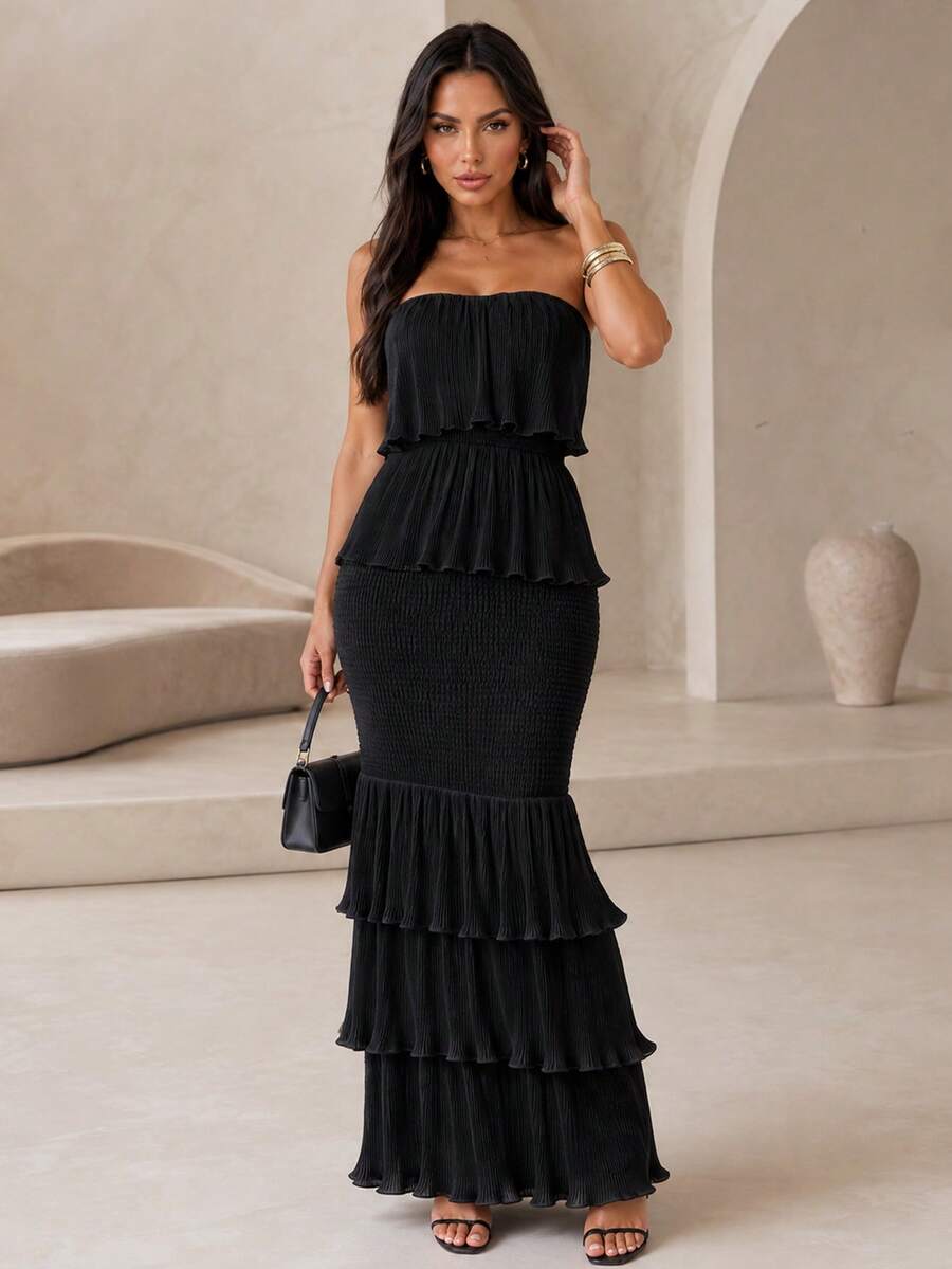 ChicMe Women's Layered Ruffle Strapless Cake Dress, Ruched Hem Bodycon Dress, Elegant Sexy Cocktail Party Outfit