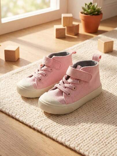 1 Pair Girls' Pink Cute Minimalist High-Top Canvas Sneakers, Hook And Loop Lace-Up Round Toe Soft Sole Design, Comfortable Casual Baby Shoes Suitable For Daily Outdoor Activities, Park Play, Travel Vacation And School Wear All Seasons