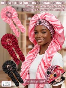 2-In-1 Adjustable Satin Hair Bonnet With Tie, Long Satin Sleep Cap For Long Hair/Braids, Soft Satin Hair Bonnet With Button, Curly Hair Night Cap - B - View 11