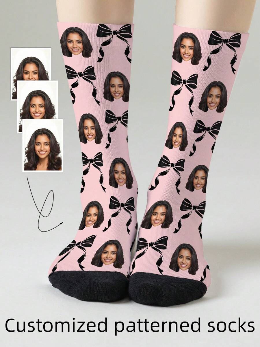 1 Pair Customizable Men's Mid-Calf Socks With Personalized Face Pattern, Can Print Any Face On Socks, Personalized Photo Socks, Fun Customized Image Mid-Calf Socks, Suitable For Valentine's Day, Birthday, Gift-Giving, Daily Holidays And Other Occasions, Personalized Customization - Multicolor - View 1