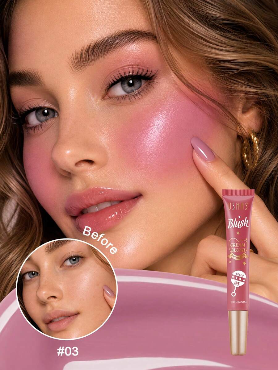 USHAS Cream Blush Multi-Functional Liquid Blush 3-In-1 Cheek Eye Lip Tint Blendable Makeup Long-Lasting Waterproof Lightweight Non-Fading Daily Facial Cosmetics Lip Eye Cheek Blendable Layerable Everyday Makeup