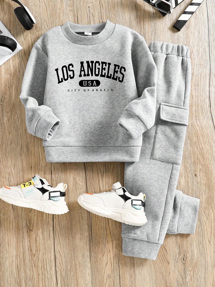 Young Boy Letter Graphic Crew Neck Sweatshirt And Sweatpants Set - Grey - View 1