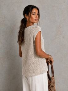 Women's Apricot Breathable Hollow Crochet Knit Vest, Summer Beach Casual Sleeveless Tank Top, Women's Hollow Knit Top, Suitable For Daily Wear, Casual Commuting, Vacation, Preppy Style - Apricot - View 6
