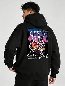 Manfinity Roughcore Casual Men's Hoodie,With Slogans And Cartoon Designs,With Drawstring Pocket,Street Style,New York Y2K Style,Autumn Long-Sleeve Top - 黑色 - 查看 1