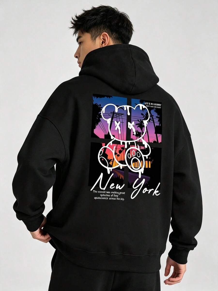 Manfinity Roughcore Casual Men's Hoodie,With Slogans And Cartoon Designs,With Drawstring Pocket,Street Style,New York Y2K Style,Autumn Long-Sleeve Top - 黑色 - 查看 1