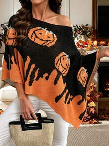Plus Size Casual Fashion Halloween Pumpkin Asymmetric Design Knit Shawl Sweater Black - Black - View 4
