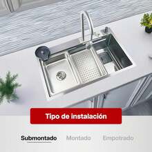 Fregadero Tarja Maxims de Acero Inoxidable Cepillado 75 x 46 cm Calibre 18, Instalación Submontada, Incluye Tabla Monomando y Accesorios Funcionales para Cocina - Plateado Satinado - Ver 2