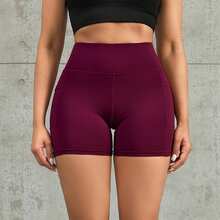 1pc Fashion New Wide Waistband Non-Curling Shaping Sports Shorts, With Phone Storage Pocket, Soft Elastic Fabric, Gym Training, Daily Wear Tight Leggings - Burgundy - View 3