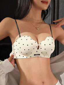 Polka Dot Seamless Strapless Push-Up Half Cup Bra For Small Chest, Multi-Way Wear Bandeau Style Sexy Bra For Flat Chest Women - White - View 1