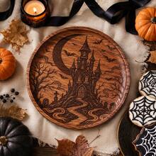 1pc Halloween Walnut Wood Carved Round Wooden Plate, Western Style Dinner Plate, Steak Plate, Candy Plate, Fruit Plate, Solid Wood Pizza Board, Tray, Holiday Decoration Tray - View 5
