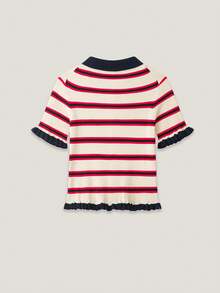 CAREE Women's Spring/Summer White Red Navy Blue Horizontal Striped Peter Pan Collar Ruffle Short Sleeve Cropped Knit Cardigan - Multicolor - View 2