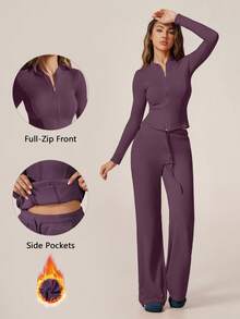 TimeOff Women's One Set Autumn/Winter Solid Color Stand Collar Zipper Long Sleeve Drawstring Waist Flare Pants Sports Set - Purple - View 11