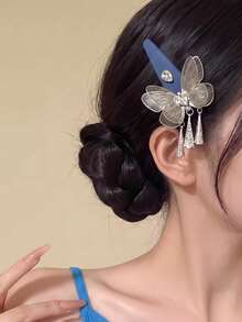 1PC Denim Blue Butterfly Tassel Hair Clip Rhinestone Decor Metal Butterfly Barrettes Vintage Daily Bun Wedding Party Women Hair Accessory - Blue - View 5