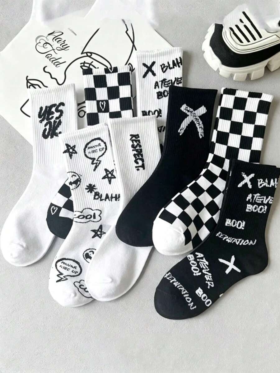 1/4/6/8 pares de calcetines de media caña para mujer, estilo callejero versátil y muy atractivo, calcetines largos blancos personalizados para deportes de otoño, estilo universitario - Multicolor - Ver 1