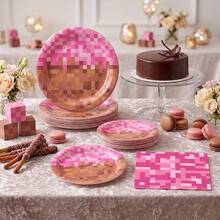 10/20/40/60 Pcs,Pink Pixel Block Themed Disposable Paper Plates And Napkins,Video Game Pixel Print 9 Inch & 7 Inch Dinner Dessert Plates With Matching Tissues,Decorative Tableware For Girly Pixel‑Style Birthday Party Table Decor Supplies - Multicolor - View 7