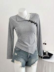 Tween Girls Y2K Sailor Collar Ribbed Long Sleeve Top, Cute Bow Detail Slim Fit Casual Shirt - Light Grey - View 2