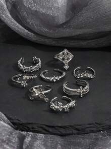 8PCS Vintage Distressed Silver Cross Butterfly Rings, Rhinestone Flower & Star Stackable Rings, Gothic Dark Aesthetic Hand Jewelry Set For Women - Silver - View 4