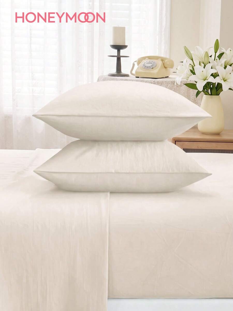 HONEYMOON 3/4件套純色床上用品套裝(3件套 = 1件床笠 + 1件床單 + 1件枕套,4件套 = 1件床笠 + 1件床單 + 2件枕套)100%聚酯纖維面料,Ins風格,適合9-12英吋深口袋,抗縮水,可機洗,適用所有尺寸,四季通用,居家與學校宿舍使用,返校必備,Oeko-Tex認證,米色 - 米色 - 查看 1