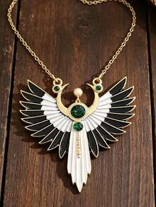 1pc Black & White Angel Wing Pendant Inlaid With Synthetic Green Gemstone & Faux Pearl Layered Feather Elegant Zinc Alloy Necklace - Gold - View 7