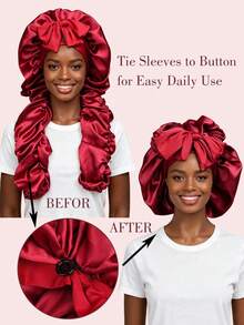 2-In-1 Adjustable Satin Hair Bonnet With Tie, Long Satin Sleep Cap For Long Hair/Braids, Soft Satin Hair Bonnet With Button, Curly Hair Night Cap - B - View 16