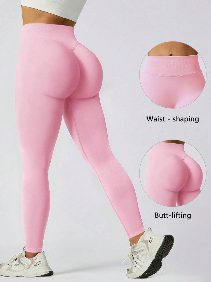 1 pièce Pantalon de sport extensible sans couture à taille haute côtelé de couleur unie rose pour femme, printemps - Rose bonbon - Voir 1