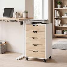 HOMCOM Cajonera Escritorio con Ruedas, Cajonera Oficina con 5 Cajones, Archivador Móvil, para Estudio, Salón, 40x40x67 cm, Blanco y Natural - Blanco y Natural - Ver 2