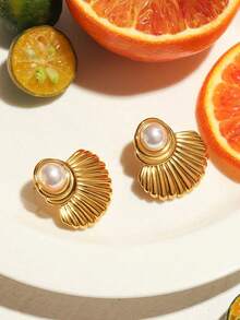 Uworld Ocean Vacation Style 18K Gold Plated Stainless Steel Waterproof Starfish Shell Stud Earrings Pearl Conch Earrings For Women - Yellow Gold - View 8