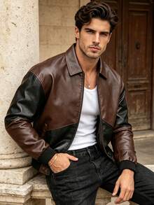 Men's Spring/Autumn Fashion Casual Daily Patchwork Contrast Color Lapel PU Leather Jacket - Brown - View 3