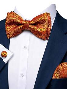 Paisley Striped Bow Tie For Men Silk Pre-Tied Bowtie Pocket Square Cufflinks Set Formal Wedding Party Prom - Burnt Orange - View 3