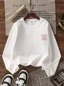 Tween Girl 1pc Printed Long Sleeve T-Shirt, Suitable For Girls' Autumn/Winter Tops, Young Student Children's Clothing, Suitable For Outerwear And Layering - White - View 3