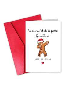 1pc Sassy Gingerbread Man Christmas Card With Envelope, Printed Dabbing Gingerbread Santa Hat Art, "From One Fabulous Queen To Another", For Besties & Best Friends, Secret Santa Holiday Gift Exchange, Blank Inside - A - View 10