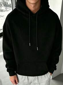 Men's All-Match Solid Color Loose Fit Hoodie, Solid Color Kangaroo Pocket Pullover, Minimalist Drawstring Metal Head Versatile Drop Shoulder, Minimalist No Print All-Match Metal Drawstring, Versatile Design For Layering And Casual Wear, Unisex - Black - View 1