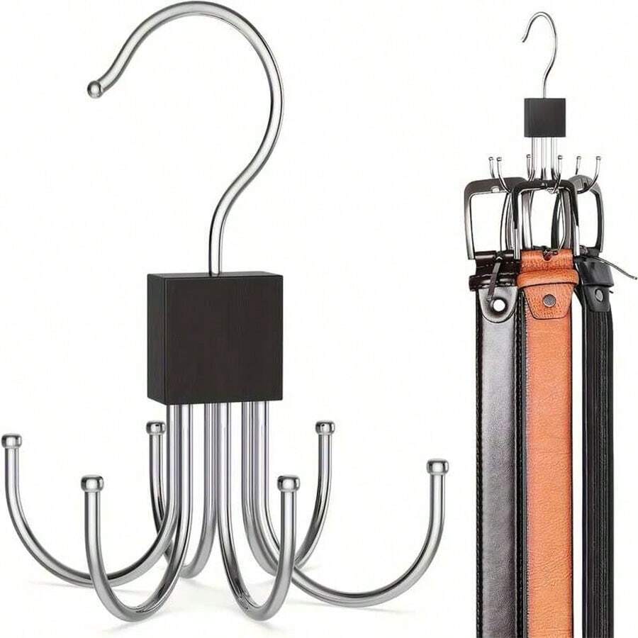 2pcs/Set (1 Rotating Hook + 1 Hook) Belt Rack, Wardrobe Storage Organizer, Belt Storage, Space-Saving Hanging Rack, Rotating Belt Rack, Multi-Functional Belt Rack, Wardrobe Belt & Tie Rack, Stainless Steel Belt Organizer