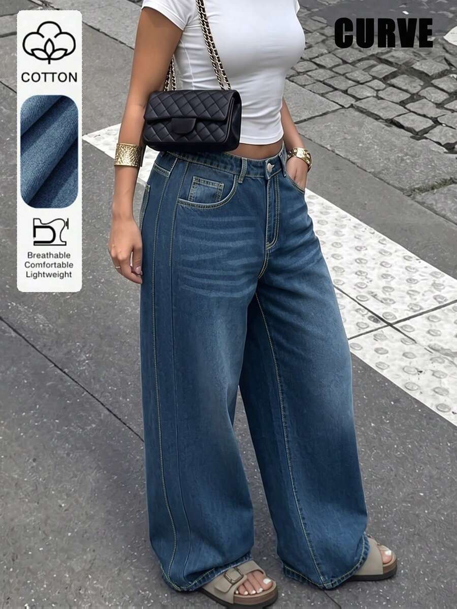 Plus Size Women's Retro Casual Loose Straight Leg Denim Maxi Pants, Fashionable & Versatile Spring Fall - Dark Wash - View 1