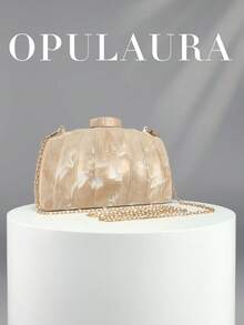 OpulAura 女款極簡風時尚金色波浪設計方型晚宴手拿包，適合宴會與婚禮，可作為新娘手提包，附鏈條肩背帶 - 杏色 - 查看 2