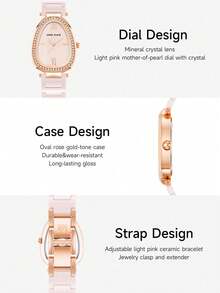 Anne Klein Women's Ceramic Quartz Watch, Light Pink Mother Of Pearl Dial, Luxury Crystal Oval Watch - Light Pink - View 7