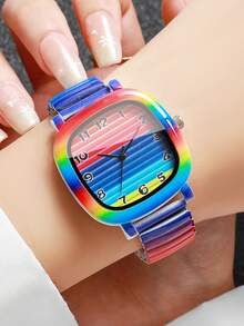 Women's Square Rainbow Gradient Quartz Watch, Elastic Expandable Band Rainbow Gradient Digital Dial Niche Design Wristwatch, Exquisite Gift For Girlfriend (1pc/Set) Watch Box Not Included - Multicolor - View 2
