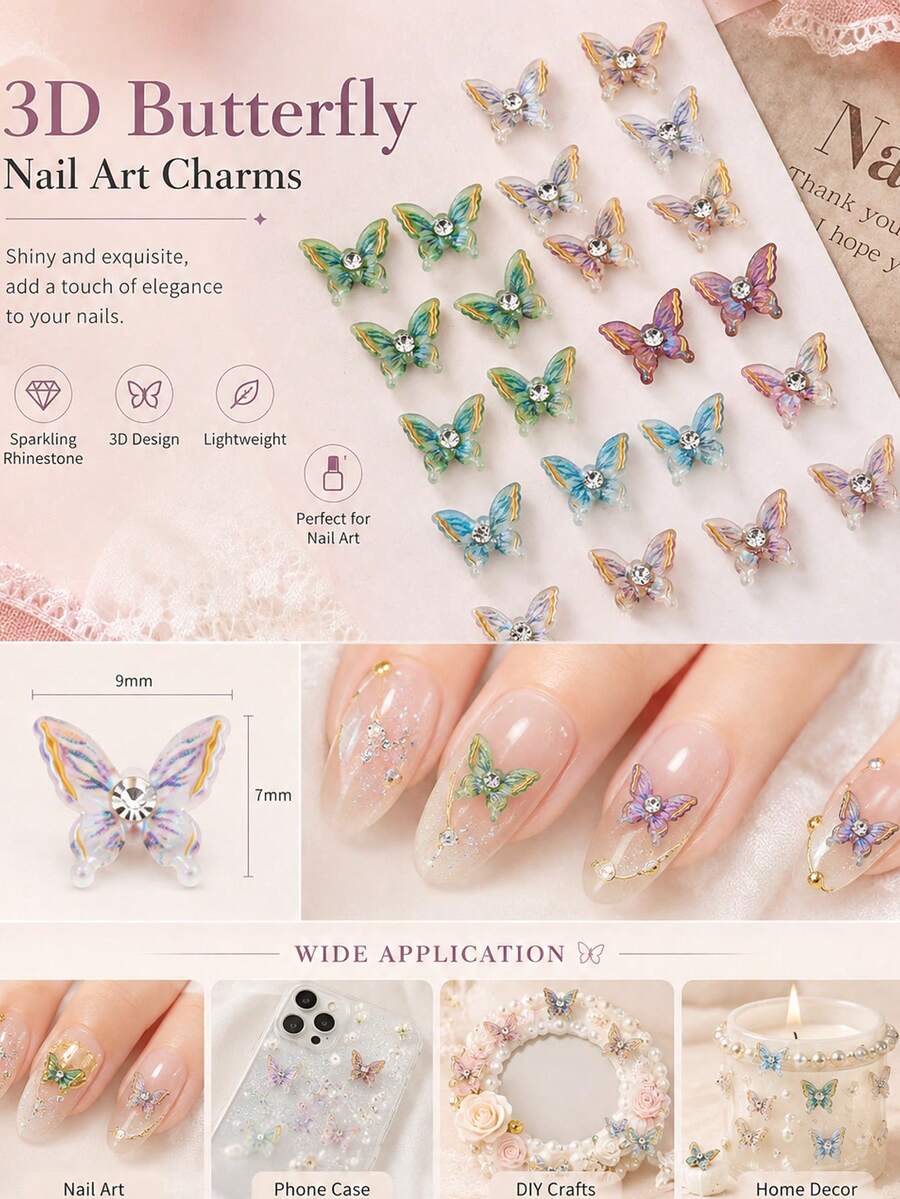 20pcs 3D Holographic Butterfly Nail Art Charms, Rhinestone Embellished Transparent Butterfly Nail Stickers, DIY Decorative Accessories For Phone Case, Aromatherapy, Handmade Crafts - Multicolor - View 1