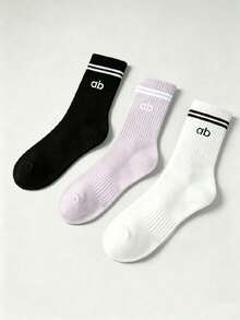 1/3/6 Pairs Women's Solid Color Letter Striped Mid-Calf Socks, Sweat-Absorbent Breathable Sports Socks, Suitable For Fitness, Running, Travel And Daily Wear, College Style - Multicolor - View 3