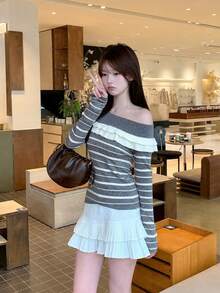 Women's Contrast Color Striped Off-Shoulder Ruffle Long Sleeve Knit Sweater, Slim Fit Flattering Pullover, Versatile For Autumn/Winter - Grey - View 4