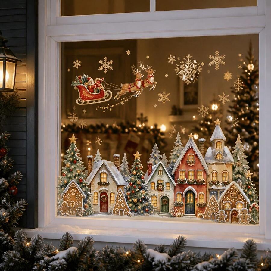 1pc Christmas Fairy Tale Town Panoramic Window Sticker, Holiday Snowy Scene Glass Self-Adhesive Decorative Decal - Multicolor - View 1