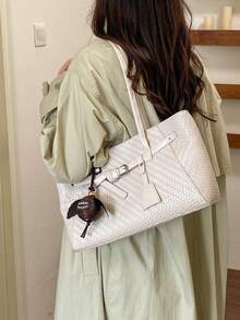 Sac fourre-tout de luxe à la mode, nouveau style vintage, couleur unie, tissé texturé gaufré, style européen et américain, grande capacité, sac à bandoulière de navette haut de gamme, livré avec un breloque de pomme, élégant et décontracté, pour les courses, le travail quotidien, le maquillage, l'ombrelle, résistant à l'usure, en tissu doux, pour les étudiantes, les cours, les courts voyages, polyvalent pour les déplacements quotidiens, sac fourre-tout pour femmes - Multicolore - Voir 9