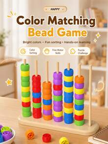 Children's Color Matching Stackable Beads Toy, Fun Rainbow Puzzle Game With Color Sorting Rings, Interactive Educational Learning Toy, Kids Birthday Gift - Multicolor - View 3